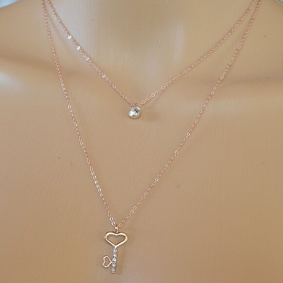 Rose Gold 2 Layer Chain Necklace With Crystal Key & Pendant - Picture 4 of 8